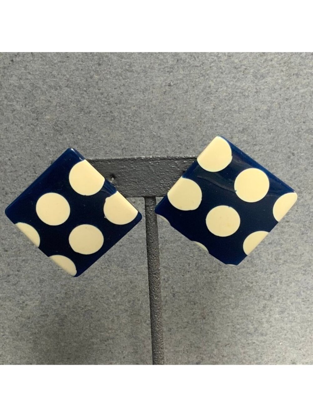 Retro Square Pierced Earrings 1.25 In As Is Navy Blue White Polka Dot Fun Craft